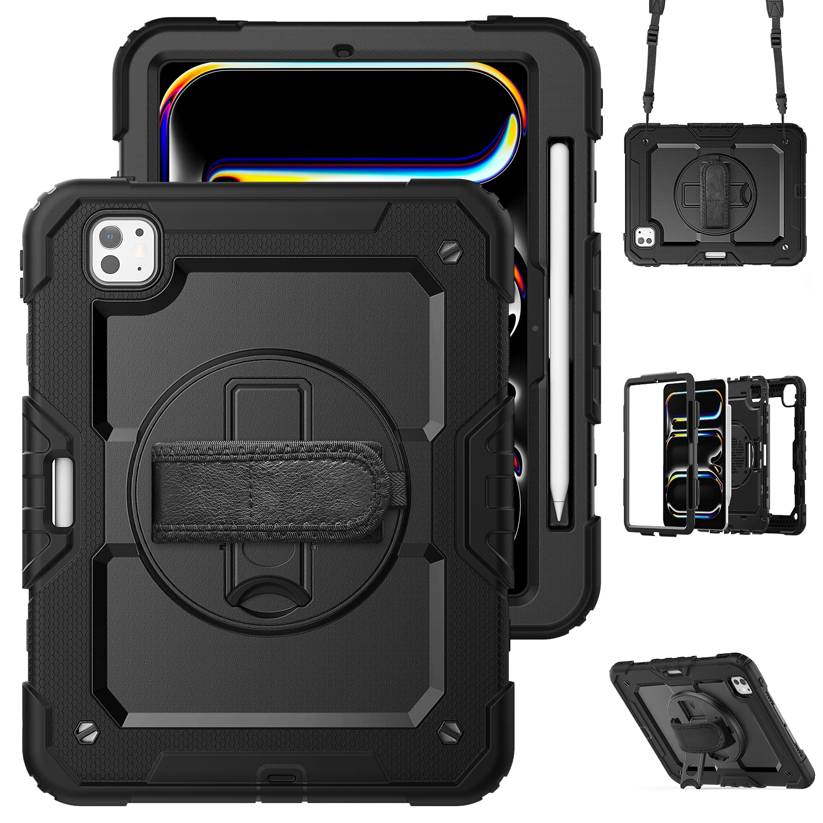 for iPad Pro11 M4 A2836 2024 , Military Grade Shockproof Protector Silicone Cover Pencil Holder+Handle Shoulder Strap