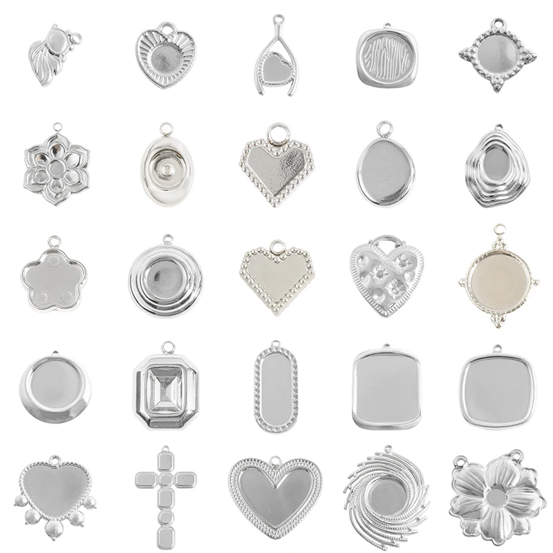 5pcs Steel Color No Fade 304 Stainless Steel Pendants For Jewelry Making Supplies Goldfish Cross Sun Heart Cabochon Bulk Charms