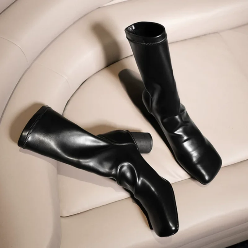 Pleated Shoes for Womens Square Toes Chunky High Heels Sewing Lines Zapatos De Mujer Leather Female Short Boots Stitching Femme