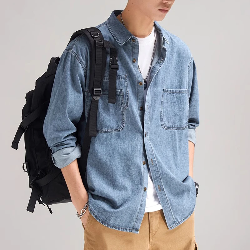 Americano clássico azul escuro bonito macio denim camisa casual masculina outono ligeiramente solto ferramentas camisa de manga comprida jaqueta masculina