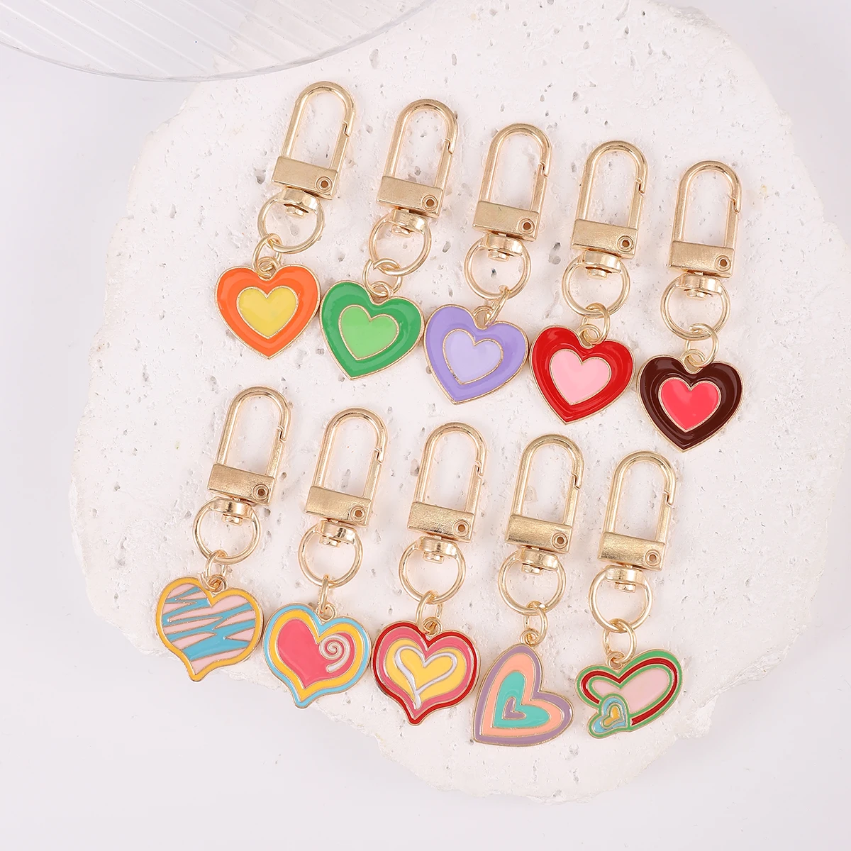 10pcs Candy colored Love Heart Keychain Cute Alloy Drip Oil Pendant Lovers Ornament Bag Purse Charm Accessories Women\'s Day Gift