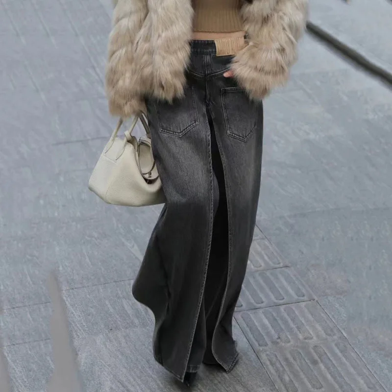 ANJY Autumn Winter New Women American Temperament Ins Reversible Jeans Y2K High Street Trendy Casual Wide-Leg Denim Pants A14721