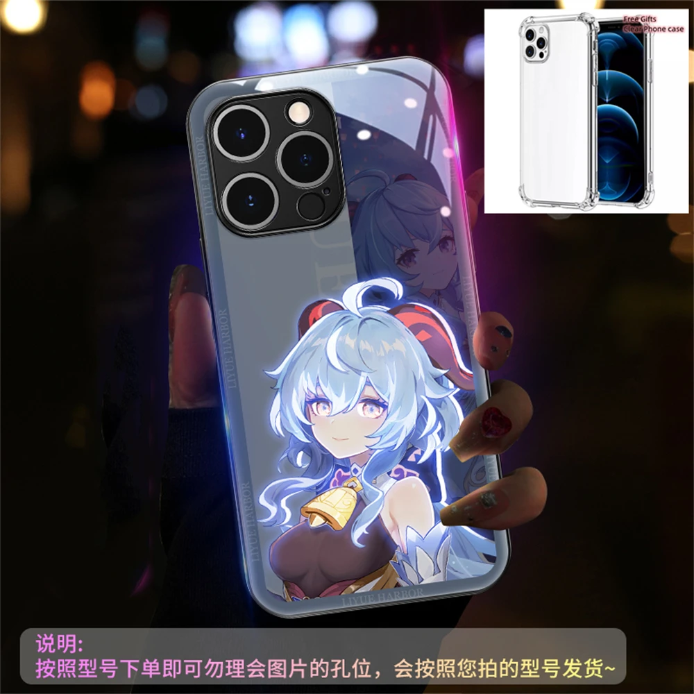 

With Gifts Anime Tempered Glass Light Up Case Flash LED Cover For iPhone 15 14 13 12 11 Pro Max Mini SE2020 X XS XR 6 7 8 Plus