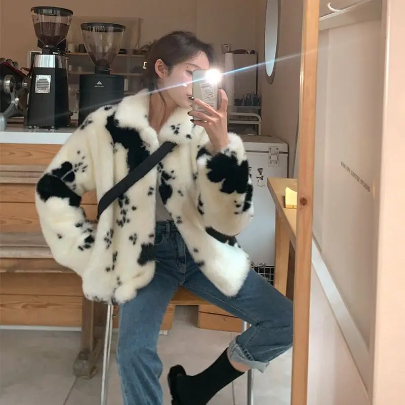 Women Print Faux Fur Coat Warm Lapel Thick Full Sleeve Jacket Casual Cardigan Outerwear Elegant Autumn Winter Streetwear