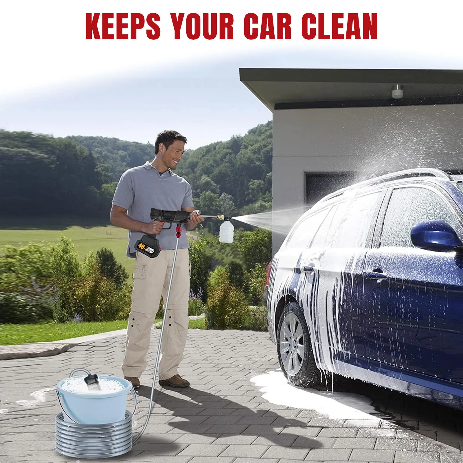 Wireless High Pressure Car Washer 48V Cordless Portable Water Spray Gun with Lithium Battery Foam Nozzles for Vehicle Patio Cleaning