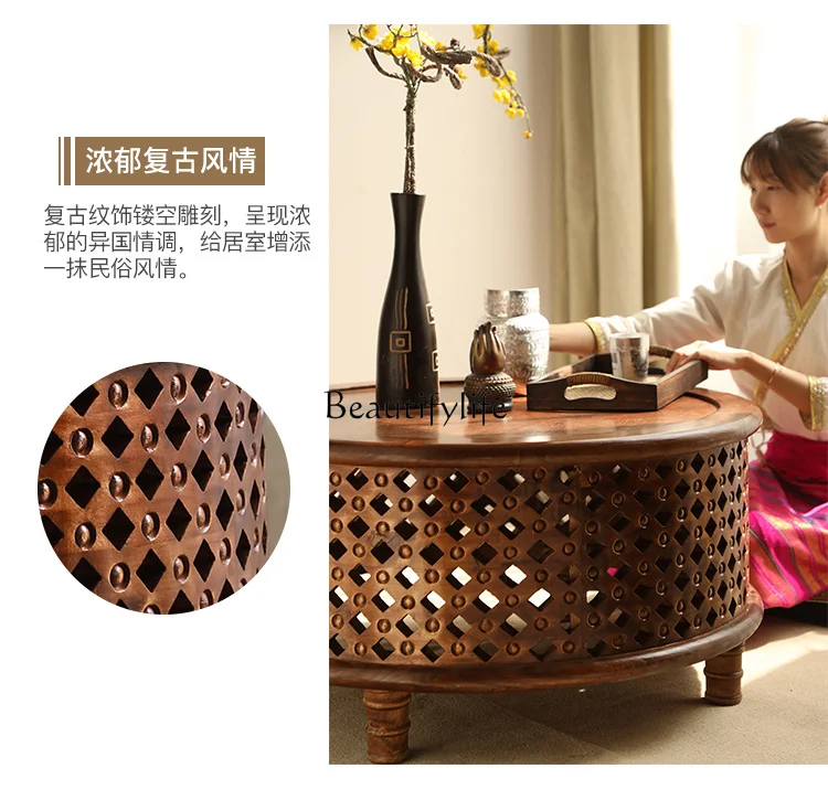 * Mesa de chá estilo da Ásia do Sul, mesa de centro redonda de olmo antigo, novo estilo chinês, sala de estar, casa