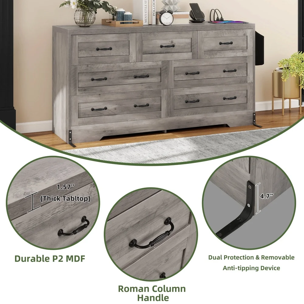 7 Drawer Wood Dresser Cabinet with USB Ports Power Outlets Spacious Storage Anti Tip Safety Features Home Use