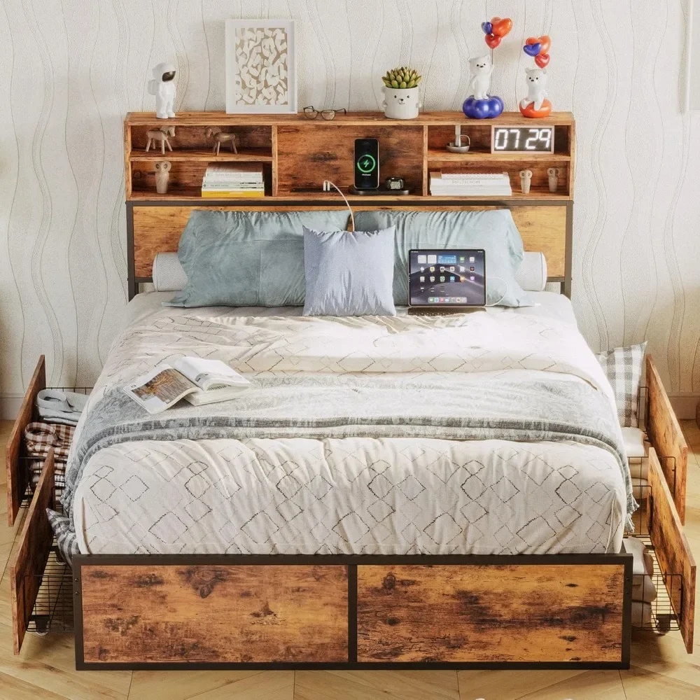 

Queen Size Bed Frame with 4 Storage Drawers & Bookcase Headboard & Charging Station, Sturdy and No Noise Platform Bed Frame