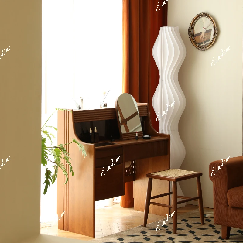 

French dressing table solid wood bedroom, medieval caramel dressing table