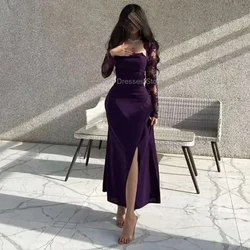 Purple Straight Short Evening Party Dress Sexy Strapless Side Split Prom Dress Lace Long Sleeves Jersey Special Occaioon Gowns