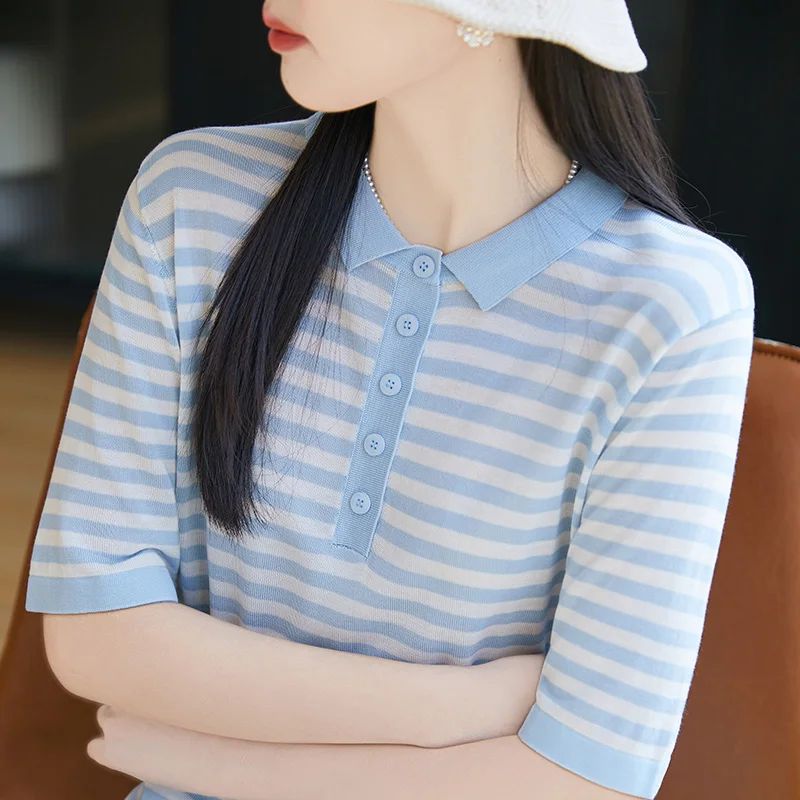 T-shirt col POLO femme été nouveau 100% Laisai pull tricoté à manches courtes chemise rayée décontractée pull femme haut ample