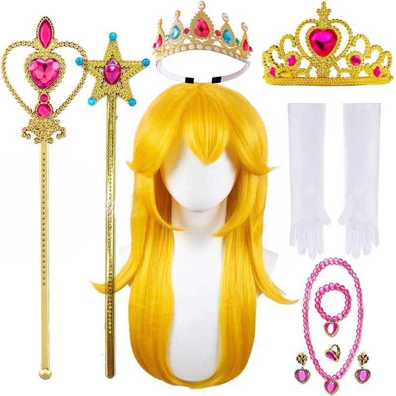 

2026 Halloween Peach Princess Accessories Cosplay Costume Tiara Headband Resin Gem Headwear Super Bros 2 Girls Peach Gold Wig