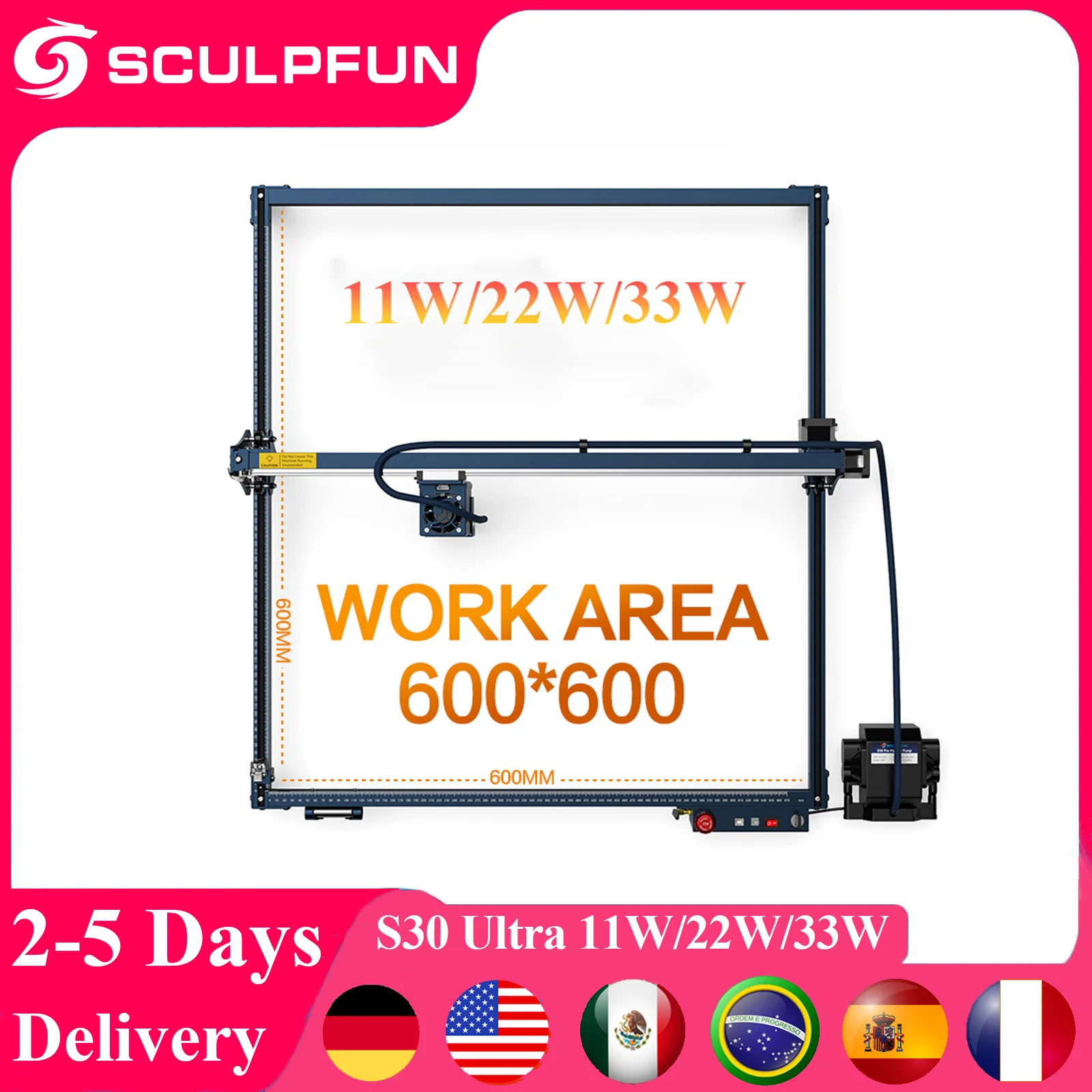 

SCULPFUN S30 Ultra 33 Вт/22 Вт/11 Вт Лазерный гравировальный станок 600x600 мм Рабочая зона с автоматическим воздушным Assist Лазерный резак Гравер