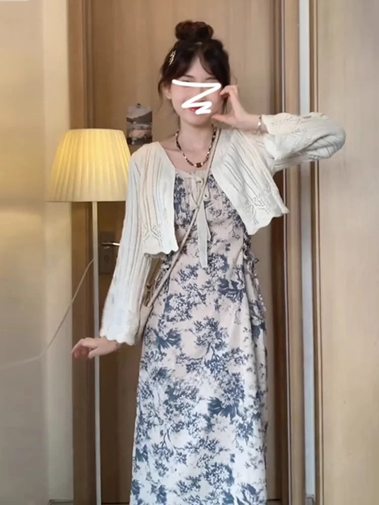 

Spring New plus Size Sweet Floral Print Cardigan Sun Protection Two-Piece Set Conceal Meat Slimming Skirt for plus Size Women