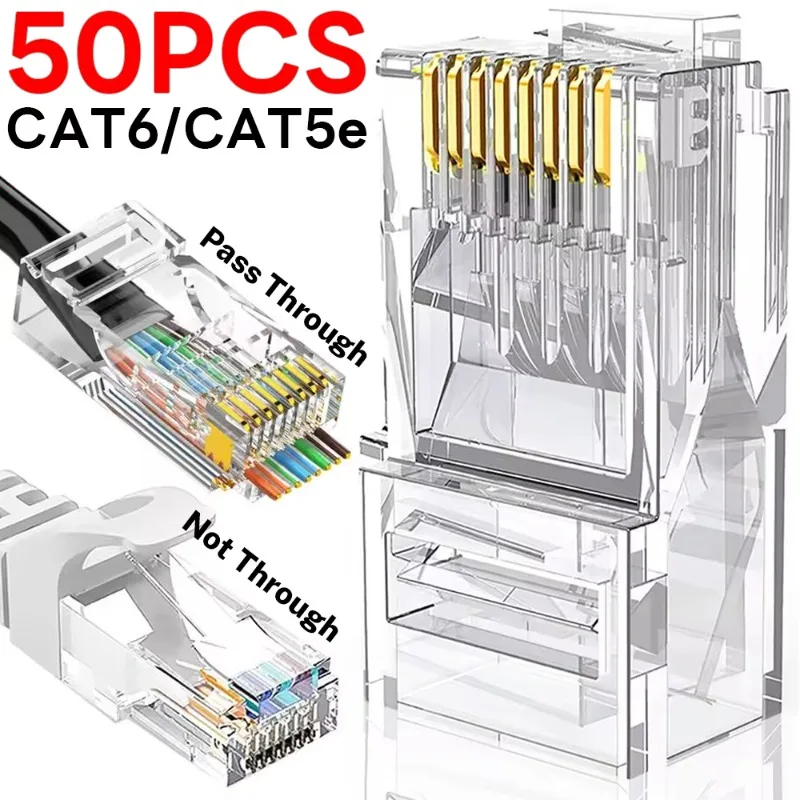 מעבר ברור דרך rj45 cat6/cat5e מחברים קריסטל קצה זהב מצופה 8 p8c rmp utp utp hernet סטנדרטי תקע ethernet plug