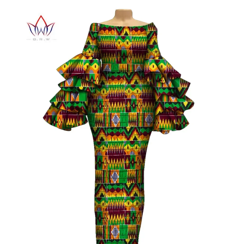 Vestidos elásticos de manga longa africana para mulheres, vestidos estampados Dashiki, roupas multi-camada, WY2126