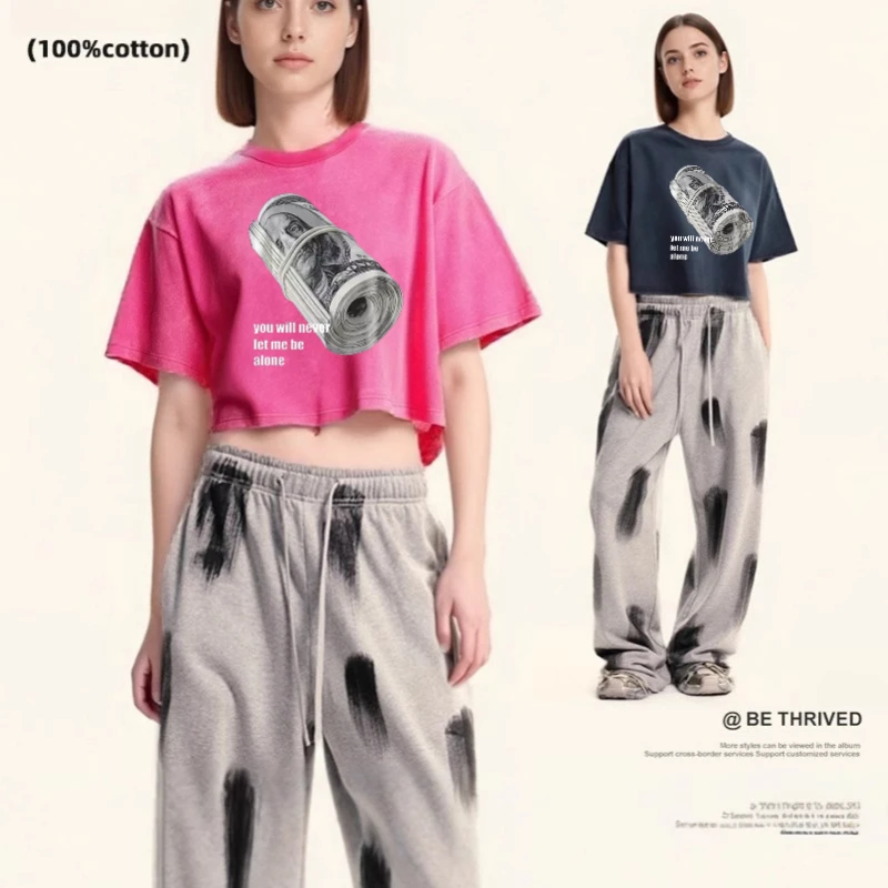 100% Cotton Washed T-Shirts For Women Loose O-Neck Crop Tops Bundle-of-Banknotes-Vintage Female Clothes Summer Short Sleeve Tees