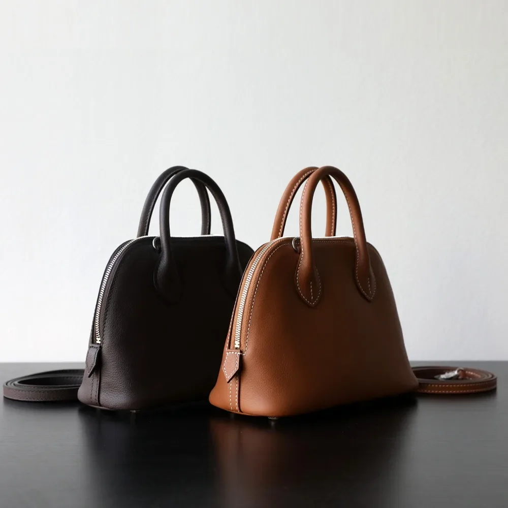 2025 New High-end Light Luxury First-layer Cowhide Mini Bowling Shell Bag Semi-handmade Messenger Leather Women's Bag