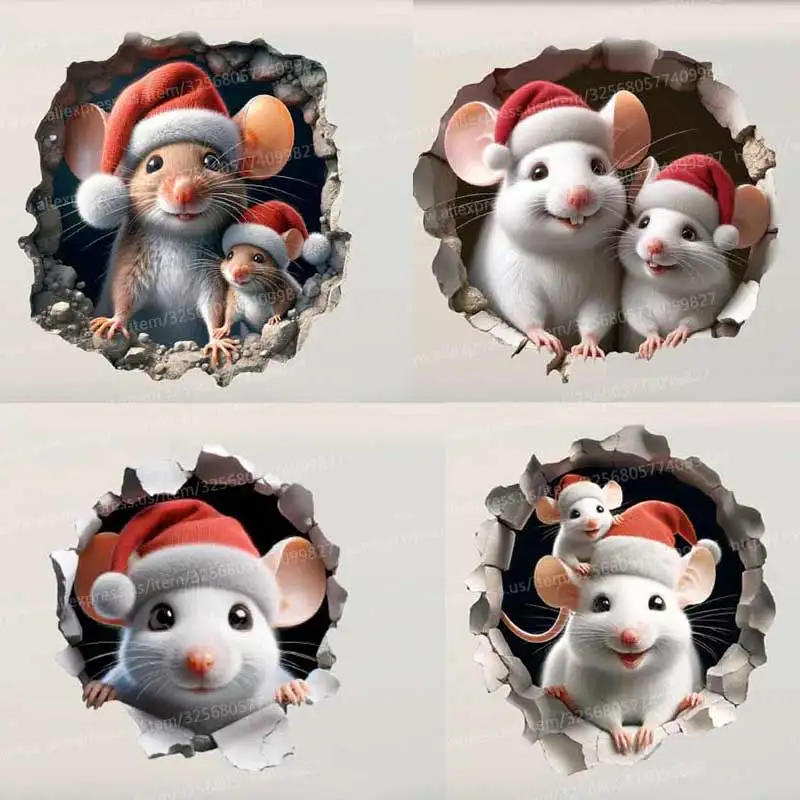Santa Mouse Hole, Wall Decal Sticker, Christmas Wall Decor, Baseboard or Wall Sticker Decal Funny Rats Decals S703