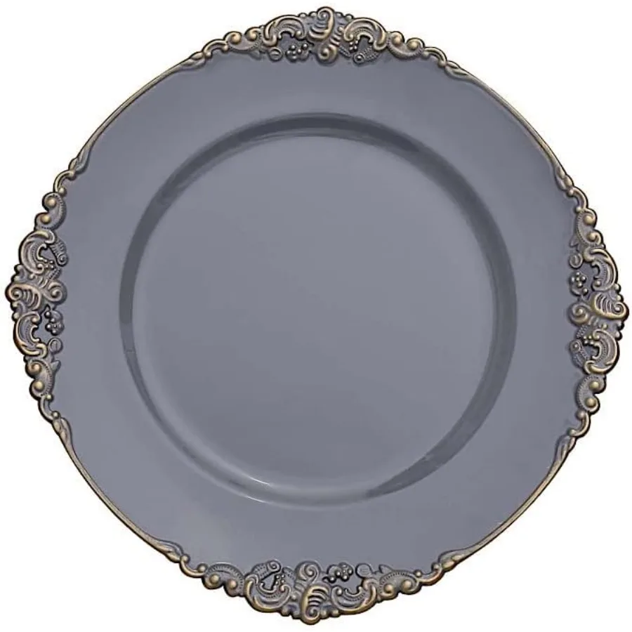 

24 pcs 13Inch Charcoal Gray Round Charger Plates with Decorative Embossed Rim Dinner Wedding Reception Decorations Supplies
