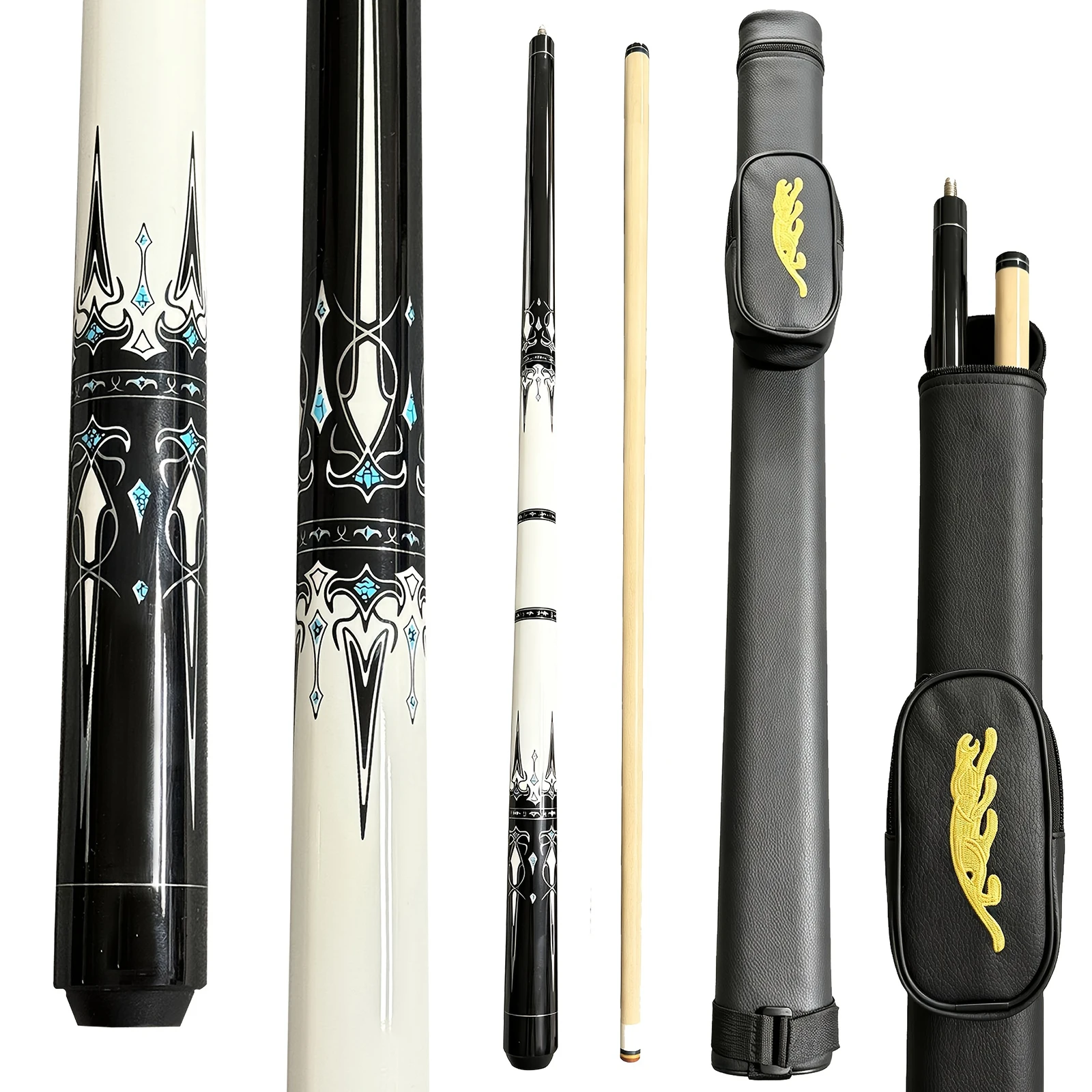 57" 19.5oz 2-Piece Maple Pool Cue Set, Gothic Graphic Billiard Stick, 11.5mm Medium Tip, Handmade Leopard Embroidered Cue Case