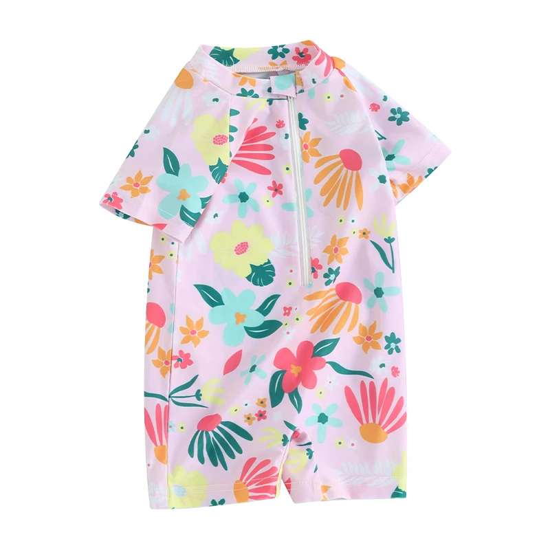 Baby Girls Cute Floral Print  Swimsuit Summer Short Sleeve Zipper Bathing Suits Infant Short Rash Guard