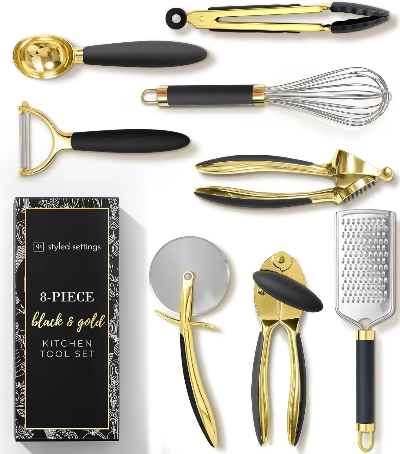 

Black and Gold Kitchen Utensils - Luxe 8-Piece Gold Kitchen Tools Set with Can Opener, Pizza Cutter, Peeler, Mini Whisk, and Ton