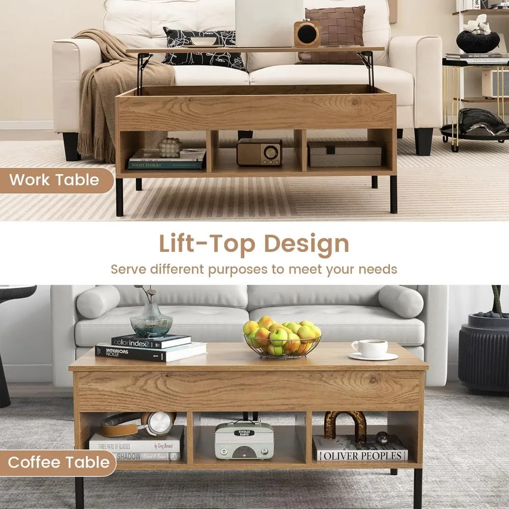 Lift Top Coffee Table - Rectangular Wooden Table w/Hidden Compartment & Open Storage Shelves, Convertible Lift-Top Console Table