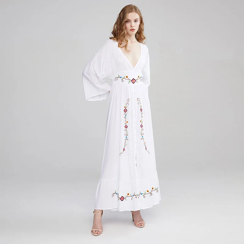 n Sle Long Sve V-Ne Embroidered Floral Maxi Dr Loose Fit Summer Autumn Spring Season Women's Dr