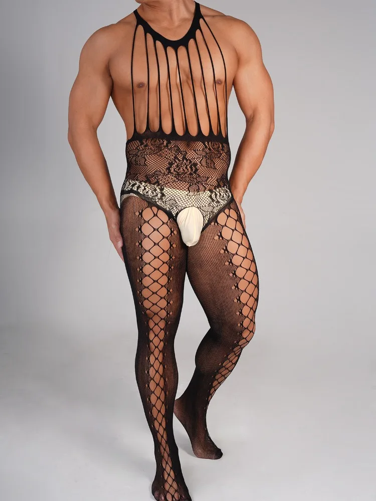 

Sissy Lingerie Men Sleeveless Fishnet Cutout Bodystocking Bodysuit Sexy Tights Nightwear Open Crotch Pantyhose Hollow Out Tights