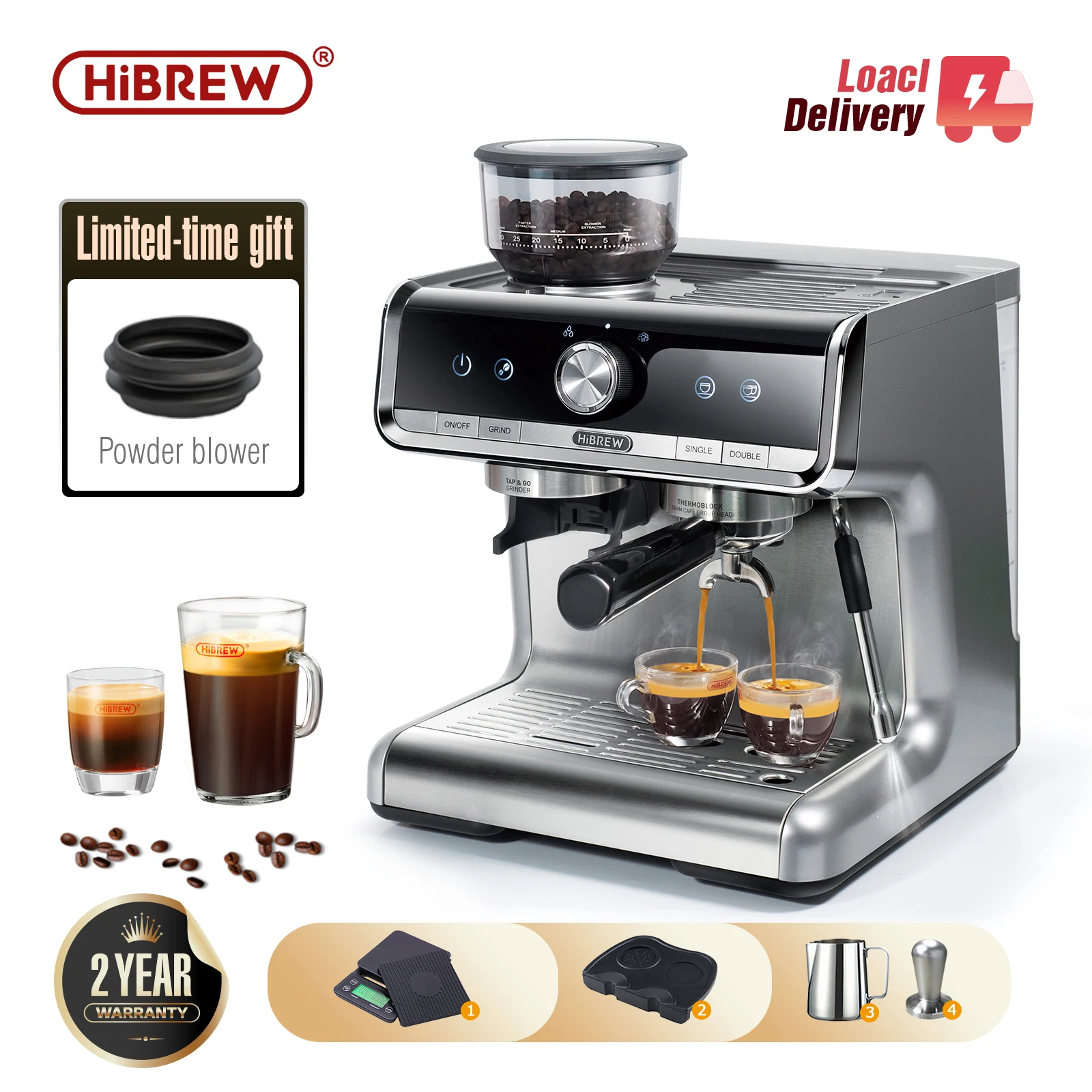 HiBREW Barista Pro 20Bar Feijão para Espresso, Cafetera Máquina de Café de Nível Comercial com Kit Completo para Café Hotel Restaurante H7