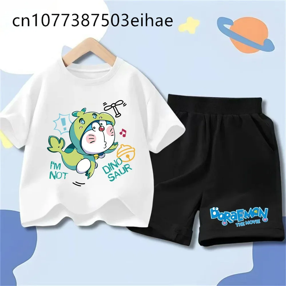 Cute Doraemon Cartoon Print T-Shirt Shorts 2Pcs Set Summer-Friendly Casual Wear Perfect Birthday Present For Toddler Boys Girls