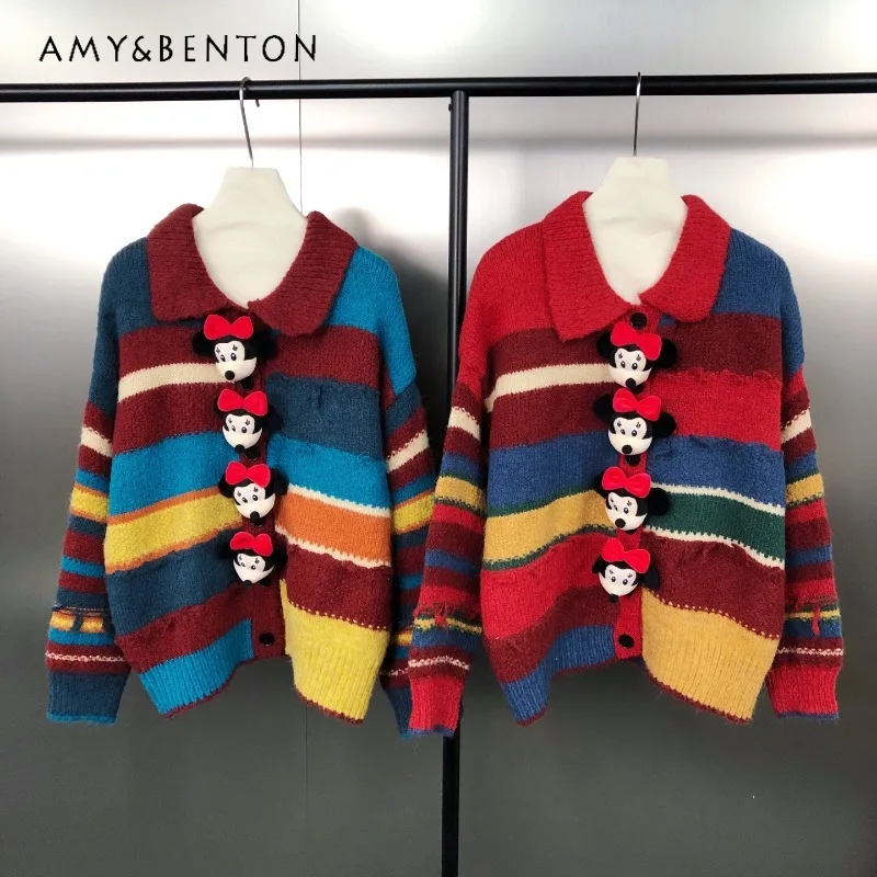 

Американский ретро Y2k, полосатый воротник с цветными блоками, свитер, куртка, осень-зима 2025, модная брошь с героями мультфильмов, мягкий удобный трикотаж