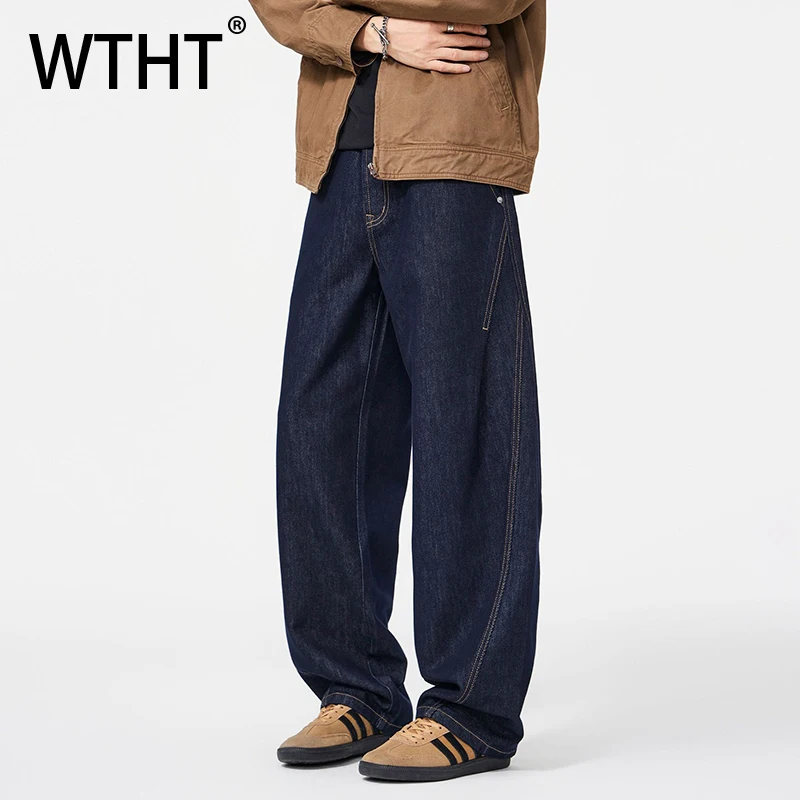 

WTHT мода 2025 зимние мужские лоскутные свободные джинсовые брюки винтажные модные повседневные джинсы с высокой талией и широкими штанинами мужские 2A2531
