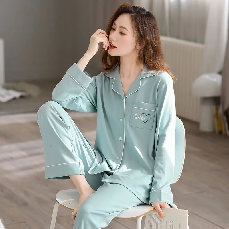 2024 neue Pyjama Frauen Frühling Herbst reine Baumwolle Nachtwäsche Langarm Cartoon Lounge wear niedlich locker sitzende V-Ausschnitt Homewear Set