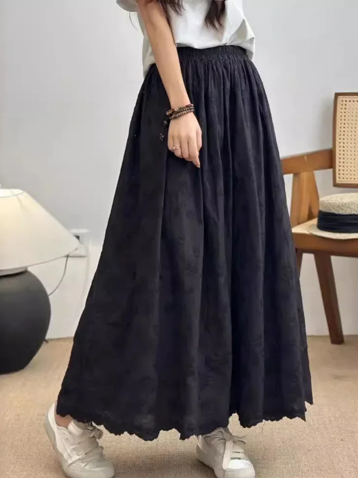 

New Summer Cotton A-Line Skirts Women Elastic Waist Embroidery Skirt Mori Girl Retro Sweet Cake Skirts 2025 Autumn