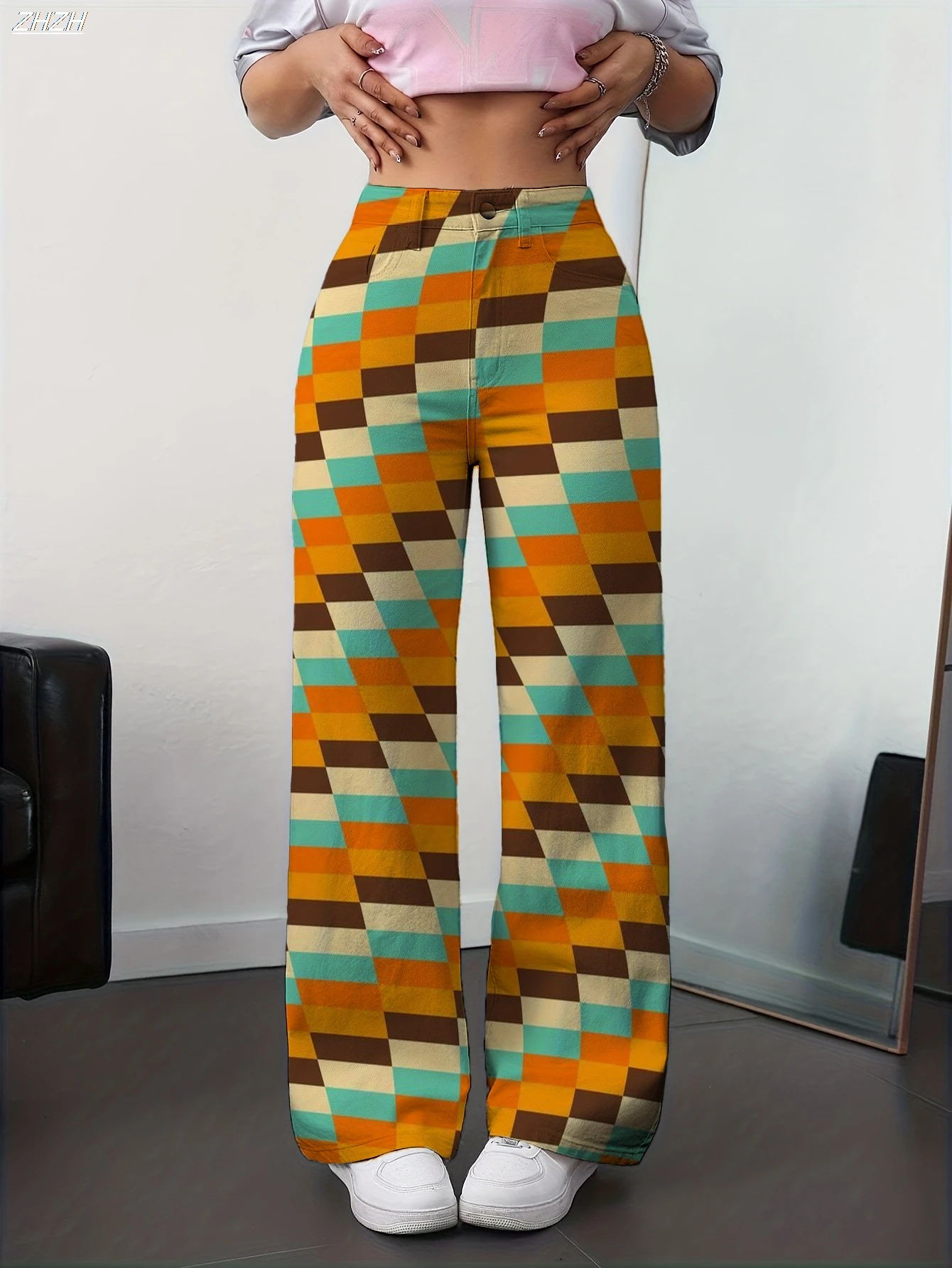 

Ретро Винтаж 1970-х годов Брюки Широкие брюки Хиппи Дискотека Высокая талия Искусственные джинсы Стиль Женские брюки с геометрическим рисунком цветных блоков