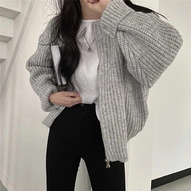 2024 Autumn Women\'s Knitted Jacket New Korean Chic Casual Sweater Coat Solid Color Zipper Thick O Neck Cardigans Women