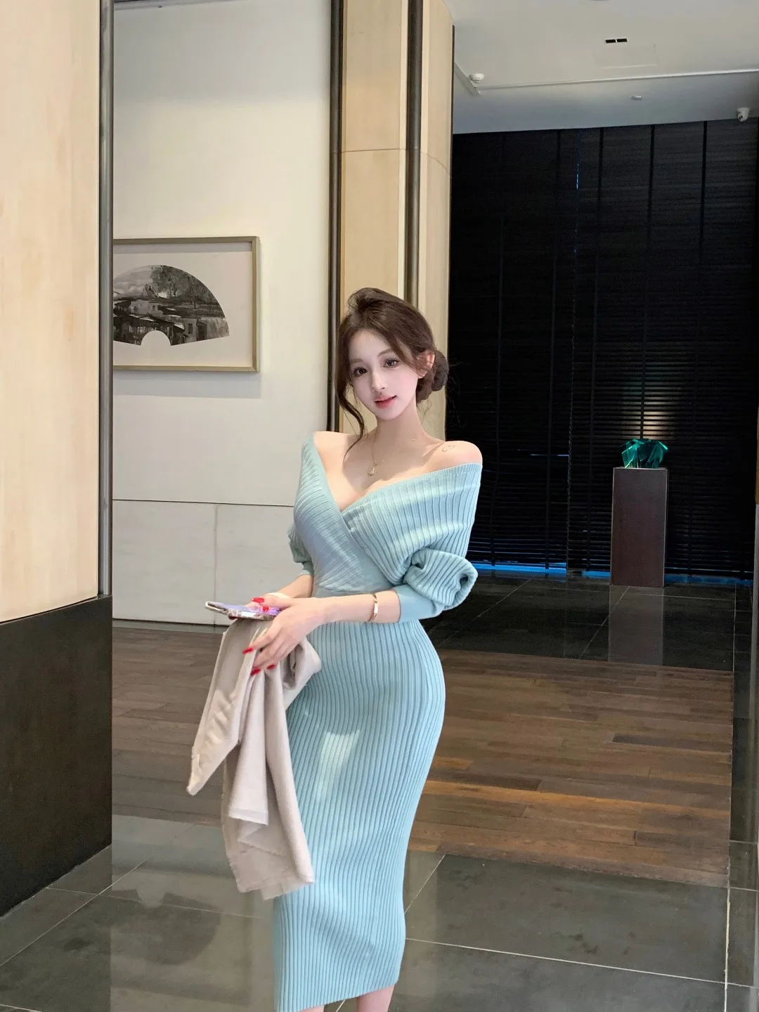 Feminino com decote em v malha manga longa bodycon vestido sexy volta recorte com nervuras camisola vestido outono coreano na moda escritório senhora outfits