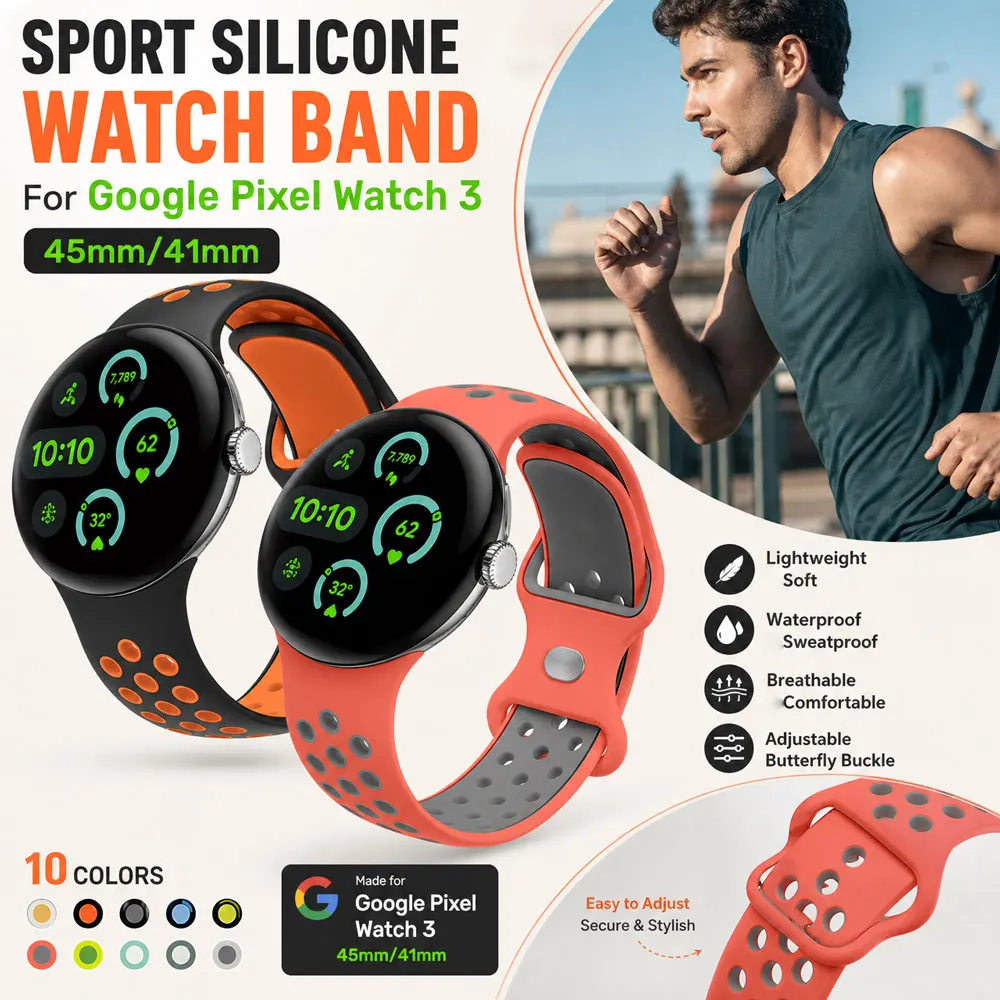Two-color Silicone Watch Strap for Google Pixel Watch 4 41mm/45mm Sdft Breathable Holes Compatible with Google Pixel Watch 3 2 1