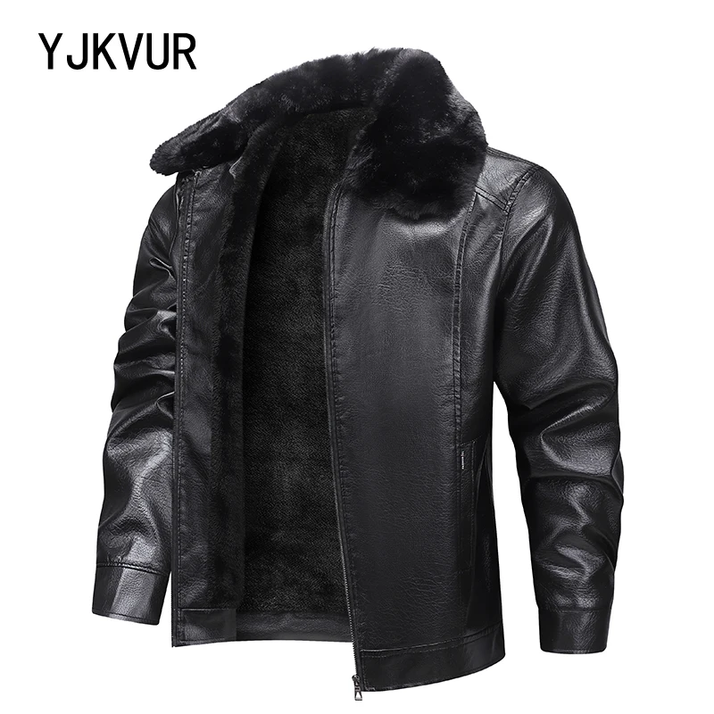 

YJKVUR Men's Fleece-Lined Warm Faux Leather Jacket Waterproof Windproof Autumn Winter New Arrival Man Motorcycle Stylish Coat ﻿