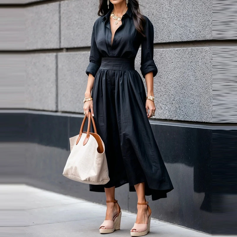 

2025 Spring Solid Color V Neck Long Dress Casual High Waist Pleated Shirts Dress Women Fashion Long Sleeve Lapel Commuting Dress