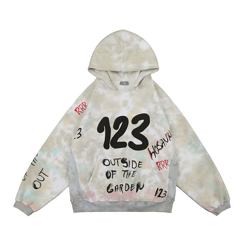 

High Street RRR123 Distressed Washed Hoodie Graffiti Hoodied Sweatshirts Loose Printed Graphic Long Sleeve Hoodies