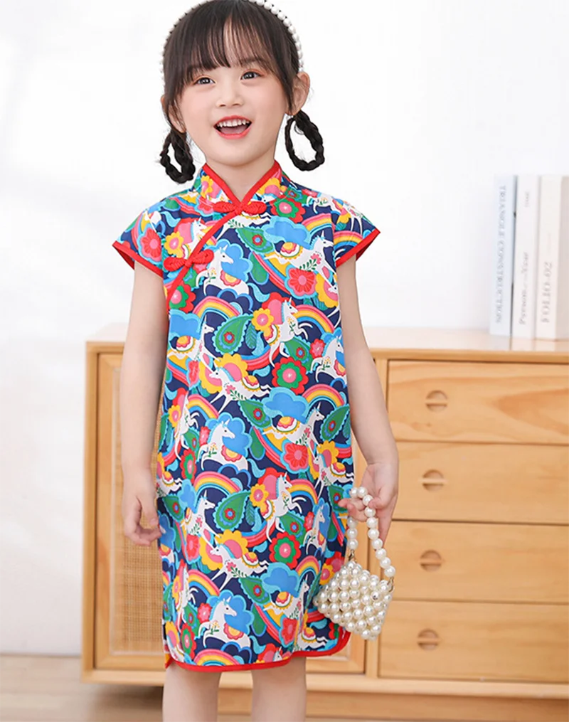 Modetrend Sommer Kinder Cheong sam Prinzessin Kleid Mädchen Kleidung Kinder Cartoon gedruckt chinesischen Stil Qipao niedlich schön