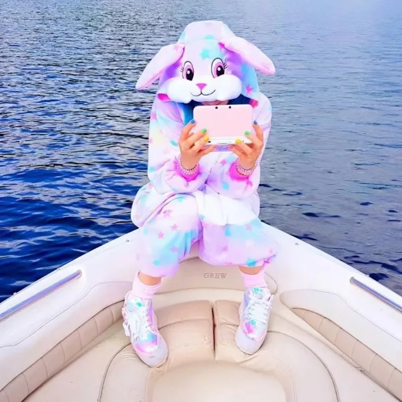 Adult Spring Fall Cartoon Animal Pijamas Sleepwear Rainbow Star Rabbit Jumpsuits Girls Suit Sets Bunny