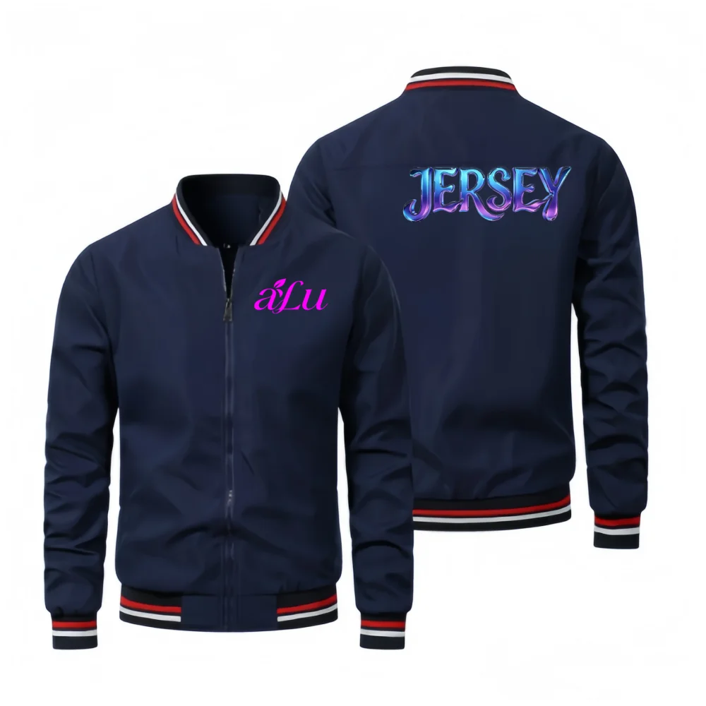 Men's Fashion Zipper Jacket with Alphabet Pattern, Printed Stripes, Stand up Collar, Long Sleeve, Casual Streetwear, Daily Outfi