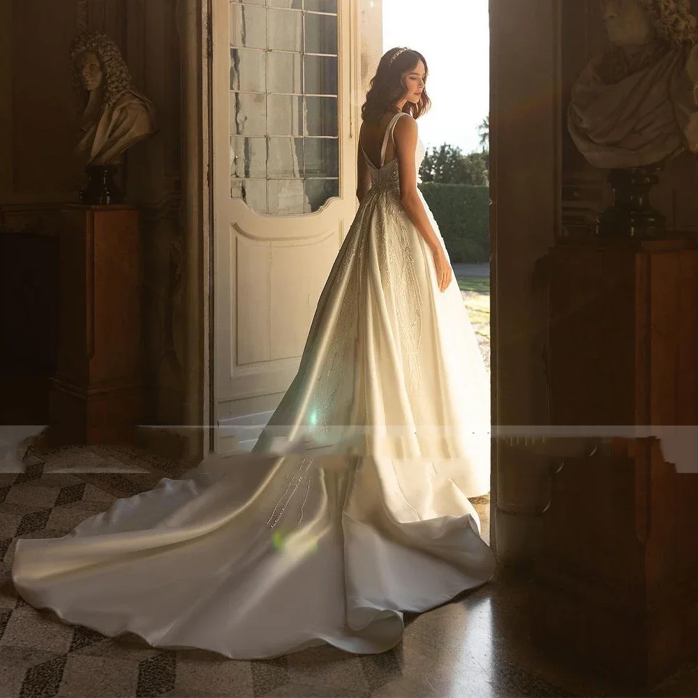 Flavinke Customized V-neck Sleeveless Wedding Dresses 2025 Beading Open Back  Princess Bride Gown Vestido De Novia