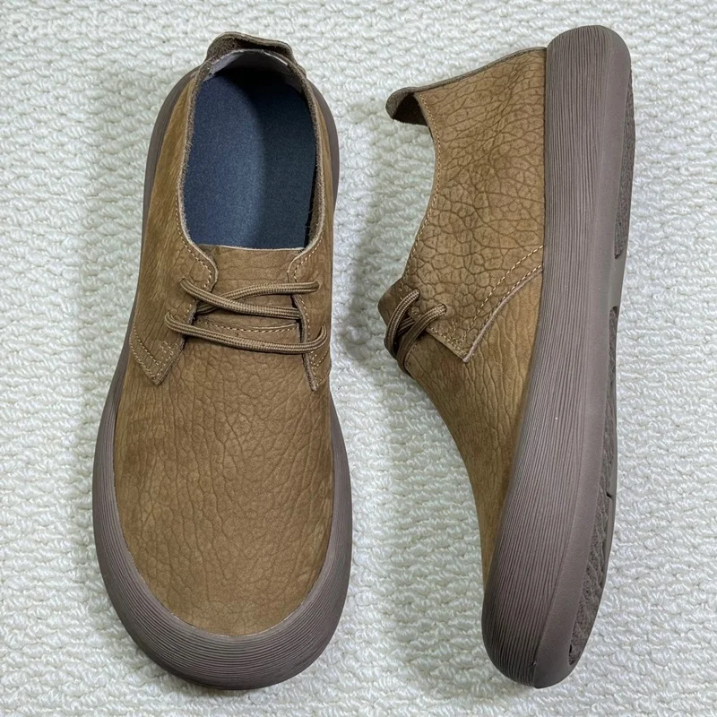 Mens Wide Fit Casual Shoes Textured Leather Lace Up Flat Loafers Soft Bottom Lightweight Retro Walking Moccasins Men Shoes