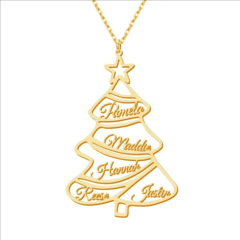 Dainty Christmas Tree Necklace With Custom Engraved Family Name Personalized Xmas Tree Necklace Holiday Jewelry Gift For Women