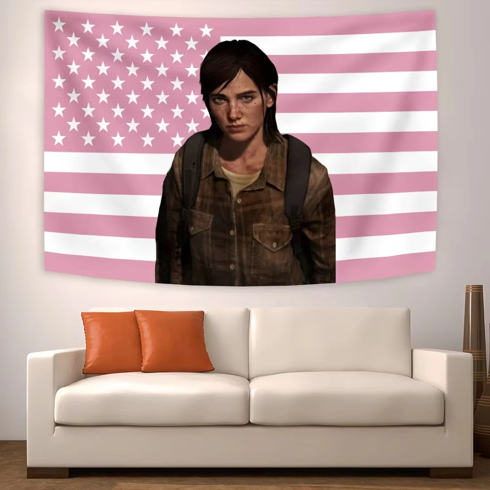 E-Ellie Manga Tapestry Pink American Flags Game Characters Art Wall Hanging Decor Banners Room Aesthetic Teen Girl Bedroom Dorm